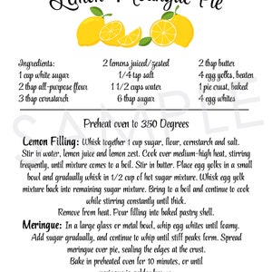 Lemon Meringue Pie Recipe, Printable Decor, Kitchen Wall Art, Grandma's ...