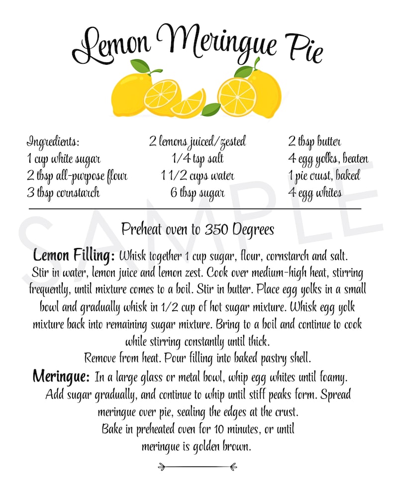 Lemon Meringue Pie Recipe Printable Decor Kitchen Wall Art - Etsy