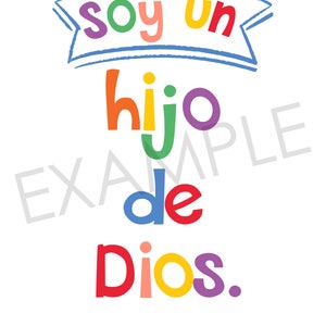 May include: A colorful graphic design with the text "soy un hijo de dios." in Spanish, with the words "hijo" and "dios" in rainbow colors. The text "Juan 1:12" is below the graphic.