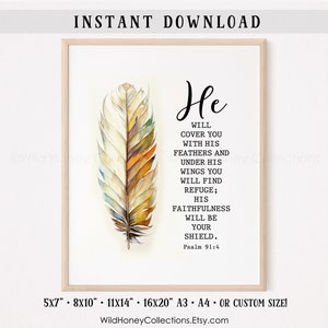 He Will Cover You With His Feathers, Psalm 91:4, Printable Wall Art, Scripture, Bible Verse, INSTANT DIGITAL DOWNLOAD
