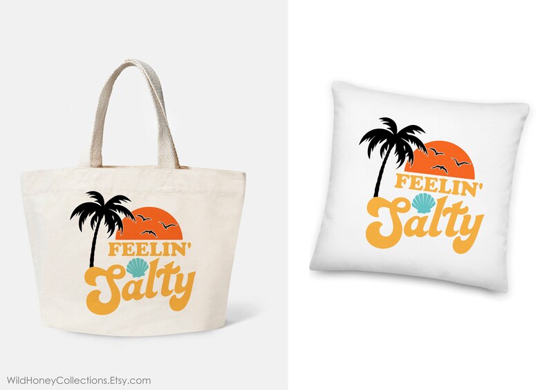 May include: A canvas tote bag and a white pillow with a beach-themed design. The design includes a black palm tree, an orange sunset, and the words "FEELIN' Salty" in orange and blue. The tote bag has beige handles.