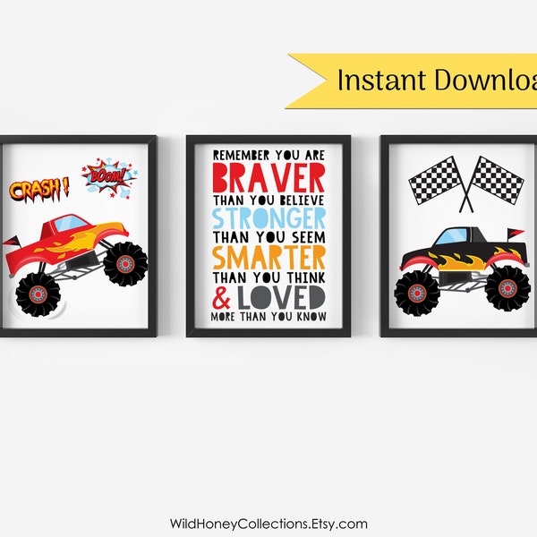 Monster Trucks, Boys Room Printable Wall Art, Set de 3, You Are Braver Stronger Smarter, TÉLÉCHARGEMENT INSTANTANÉ