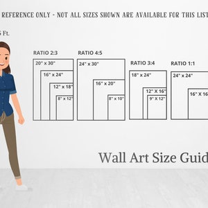 Puede incluir: Una gu&iacute;a de tama&ntilde;o de arte de pared con una mujer de pie junto a ella. La gu&iacute;a muestra diferentes proporciones de tama&ntilde;os de arte de pared, incluyendo 2:3, 4:5, 3:4 y 1:1. Los tama&ntilde;os se enumeran en pulgadas.