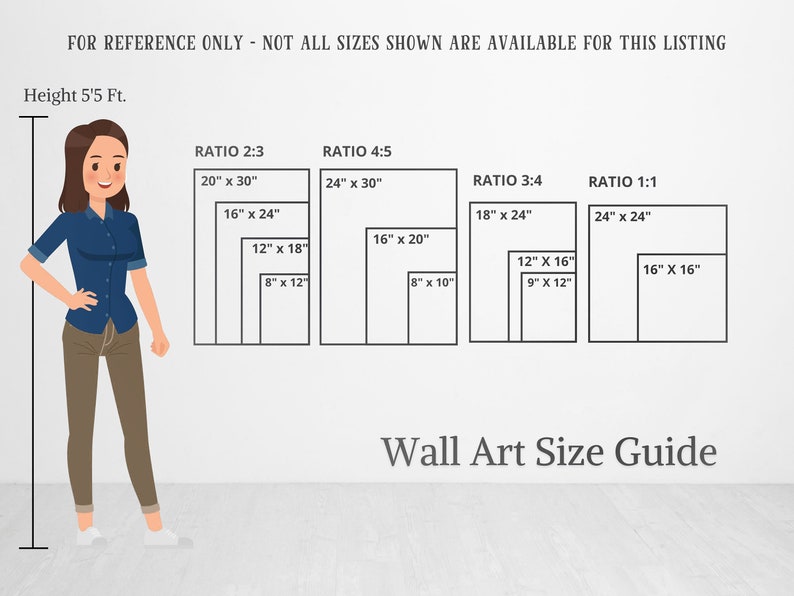 Puede incluir: Una gu&iacute;a de tama&ntilde;o de arte de pared con una mujer de pie junto a ella. La gu&iacute;a muestra diferentes proporciones de tama&ntilde;os de arte de pared, incluyendo 2:3, 4:5, 3:4 y 1:1. Los tama&ntilde;os se enumeran en pulgadas.