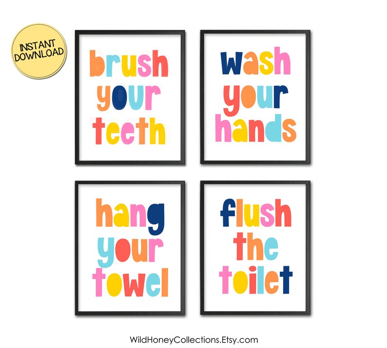 Colorful Kids Bathroom Printable Signs Set of 4 Brush Your | Etsy