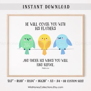 He Will Cover You With His Feathers - Psalm 91:4, Inspirational Printable Scripture, Cute Birds, Bible Verse, INSTANT DIGITAL DOWNLOAD