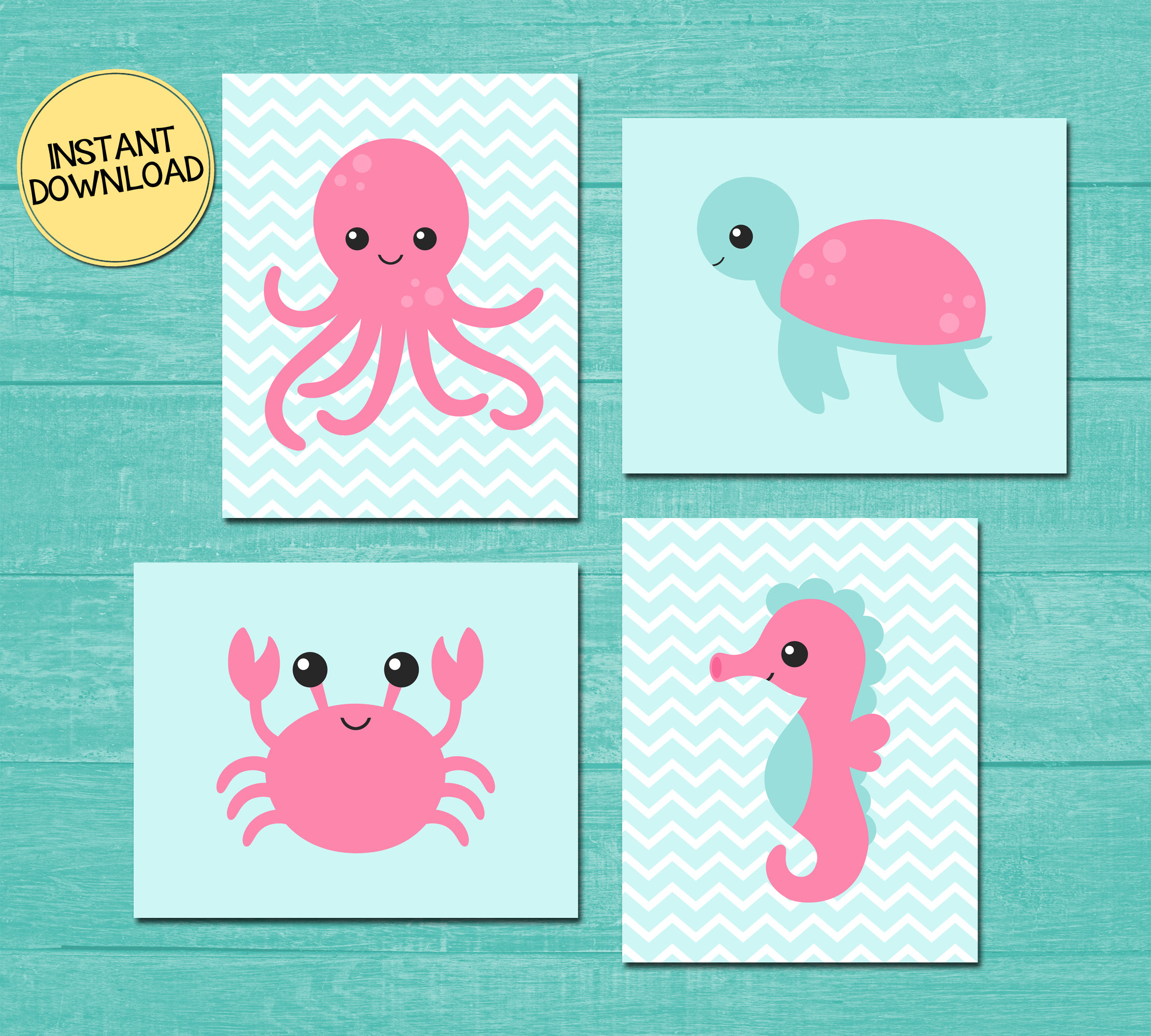Sea Life Printable Kids Bathroom Wall Art Pink &amp; Sea Foam or | Etsy