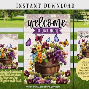 Barrel of Flowers Garden Flag Design, Welcome to Our Home, Purple Flowers, Rustic, Sublimation, Instant Digital Download