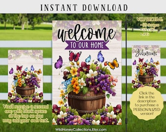 Diseño de bandera de jardín con flores moradas: Bienvenido a casa (descarga digital)