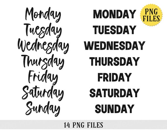 Days Of The Week: Sunday, Monday, Tuesday, Wednesday, Thursday, Friday,  Saturday Royalty Free SVG, Cliparts, Vectors, and Stock Illustration. Image  68894012.