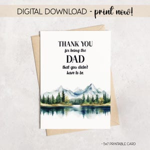 May include: A printable 5x7 card with a watercolor landscape of mountains and a lake. The card reads "THANK YOU for being the DAD that you didn't have to be." The card is a digital download.