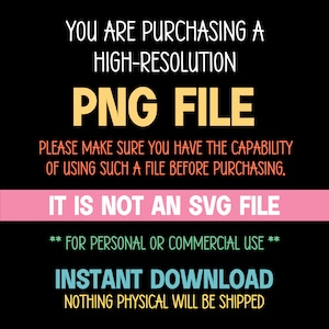 Pu&ograve; includere: Sfondo nero con testo bianco, giallo, rosa e turchese. Il testo recita "STAI ACQUISTANDO UN FILE PNG AD ALTA RISOLUZIONE". Il testo aggiuntivo include "DOWNLOAD IMMEDIATO" e "NIENTE DI FISICO VERR&Agrave; SPEDITO."