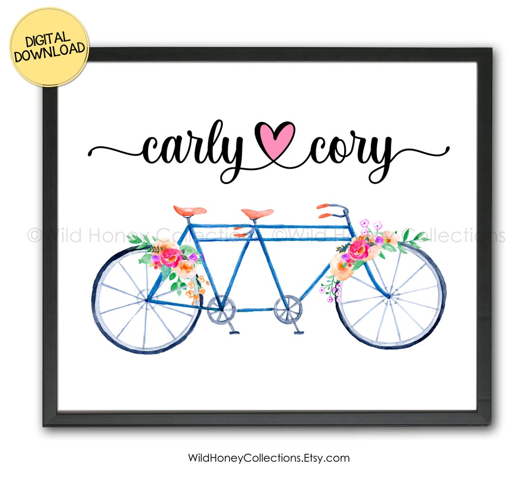 Tandem Bicycle, Watercolor Floral, Bicycle for Two, Personalized