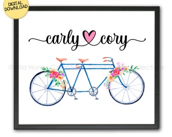 Tandem Bicycle, Watercolor Floral, Bicycle for Two, Personalized PRINTABLE Wall Art, Engagement Wedding Gift, DIGITAL DOWNLOAD