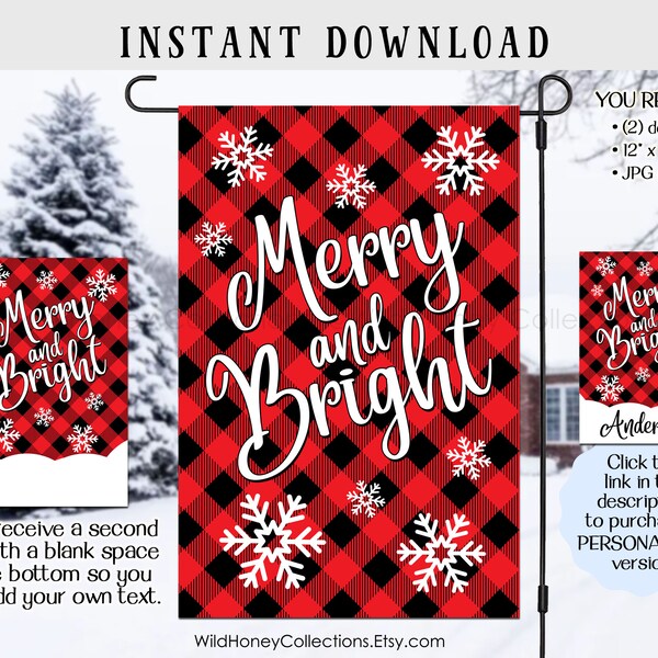 Merry & Bright Buffalo Plaid Garden Flag Design, Family Name, Christmas, Winter, Sublimation, Instant Digital Download