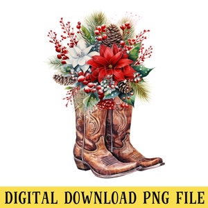 Christmas Cowboy Boots, PNG File, Poinsettias, Transparent File, Sublimation, Holiday Crafting, INSTANT DOWNLOAD