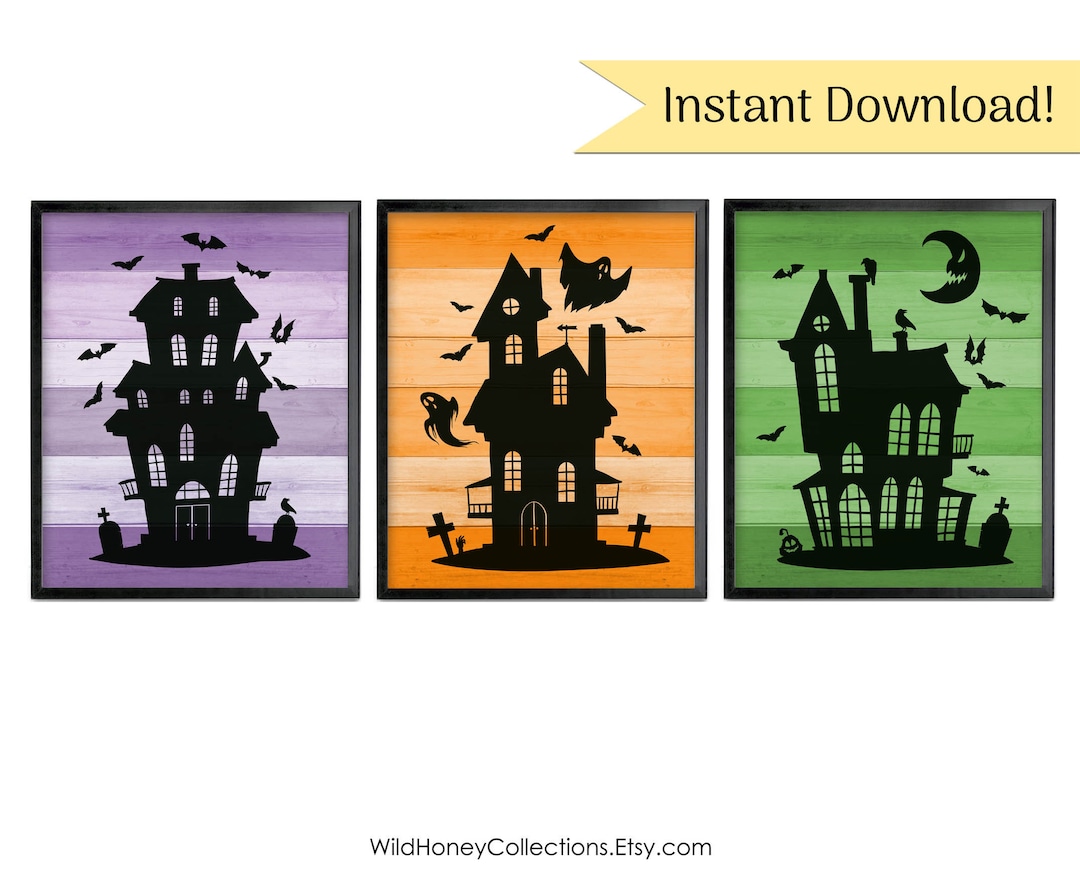 Haunted Houses, Printable Halloween Decor, Whimsical Haunted House ...