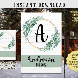 Green Leaves Wreath, Garden Flag Design, Family Name, Sublimation Graphics, Printable Art, JPG, PNG, Digital Download