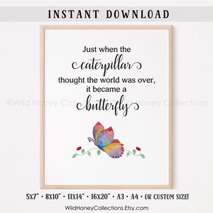 Inspirational Butterfly Printable, Just When The Caterpillar Thought The World Was Over It Became A Butterfly, Wall Art, INSTANT DOWNLOAD