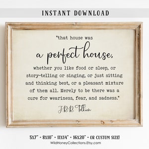 May include: A rectangular wooden frame containing a cream-colored print with black text that reads: "that house was a perfect house, whether you like food or sleep, or story-telling or singing, or just sitting and thinking best, or a pleasant mixture of them all. Merely to be there was a cure for weariness, fear, and sadness." followed by the signature "J.R.R. Tolkien".