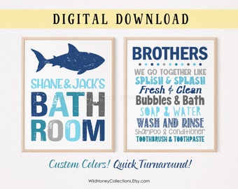 Personalized Brothers Bathroom Shark Decor, Boys Bathroom Wall Art, DIGITAL DOWNLOAD