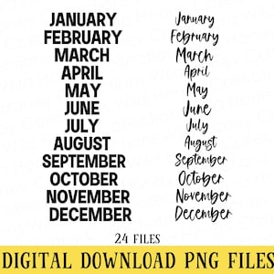 Months PNG Files | January through December | Print and Cursive | DIGITAL DOWNLOAD