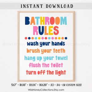 Bathroom Rules, Colorful Kids Bathroom Printable Sign, Kids Bathroom Wall Art, INSTANT DIGITAL DOWNLOAD