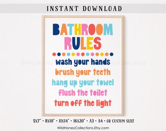 Colorful Bathroom Rules Art: Kids Printable Sign (Digital Download)