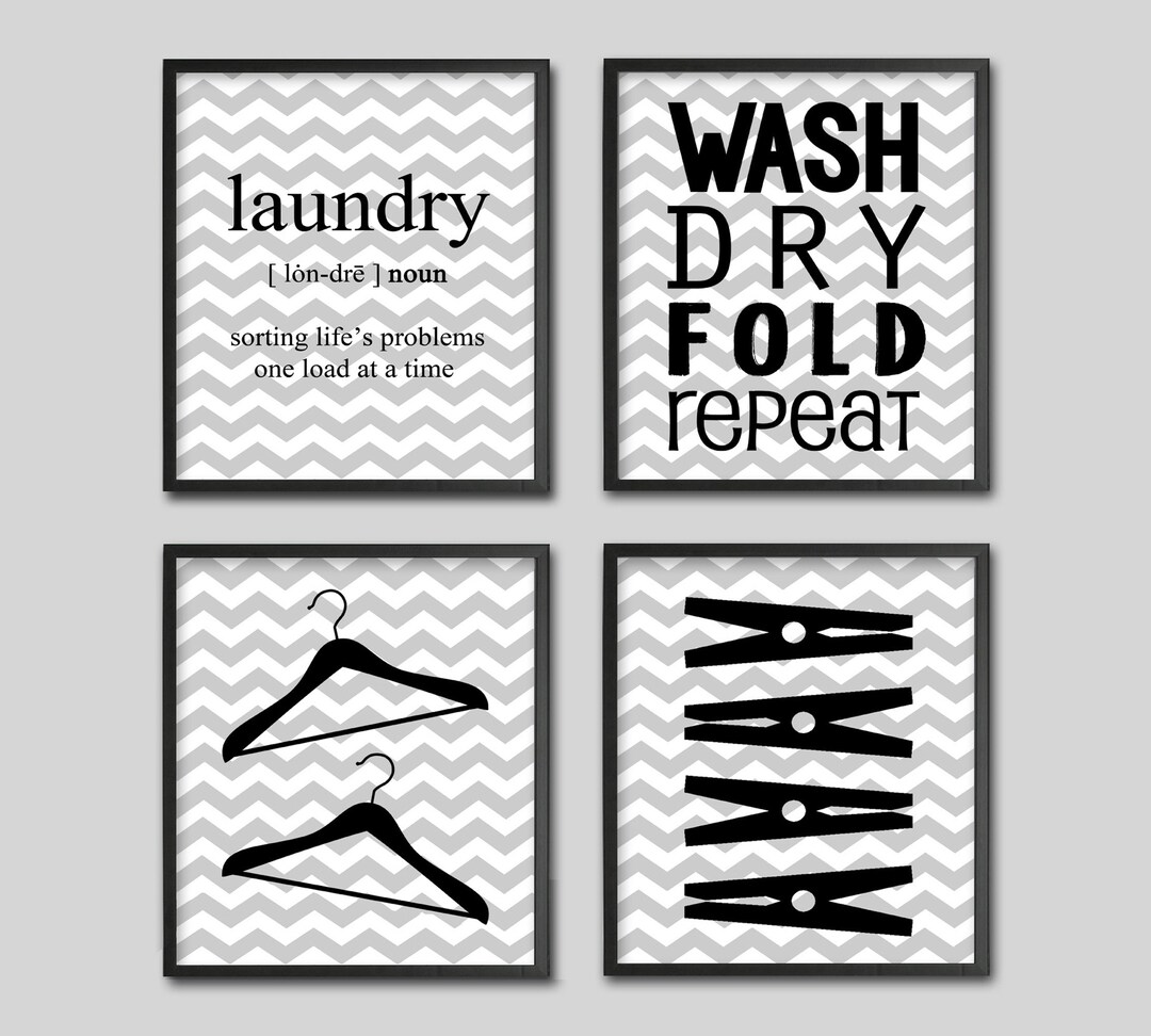 Chevron Laundry Room Printable Decor, Set of 4, Wash Dry Fold Repeat ...