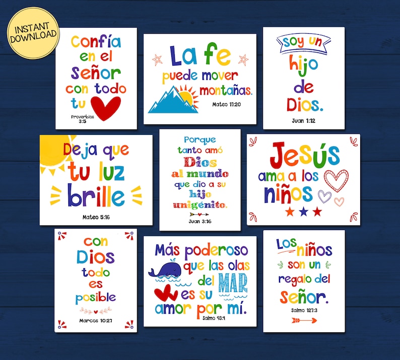 Puede incluir: Colecci&oacute;n de nueve l&aacute;minas art&iacute;sticas inspiradoras en espa&ntilde;ol, cada una con una frase en colores vivos y llamativos. Las frases incluyen "Conf&iacute;a en el Se&ntilde;or" y "La fe puede mover monta&ntilde;as". Las l&aacute;minas est&aacute;n dise&ntilde;adas con diversos elementos decorativos.
