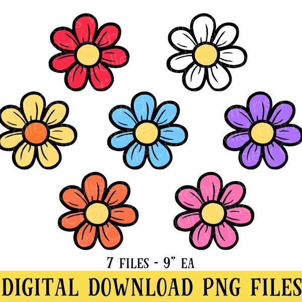 Daisy Flowers, Flower Clipart, 7 PNG Files, Sublimation, Transparent File, INSTANT DOWNLOAD