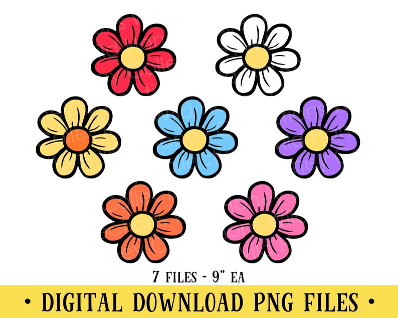 May include: Seven digital files of colourful daisy flower illustrations. Each flower is a different colour: red, yellow, blue, purple, pink, and white. The flowers are 9 inches in diameter.