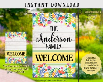 Colorful Flowers Welcome Garden Flag Design, Family Name, Sublimation Graphics, Printable Art, JPG, Instant Digital Download