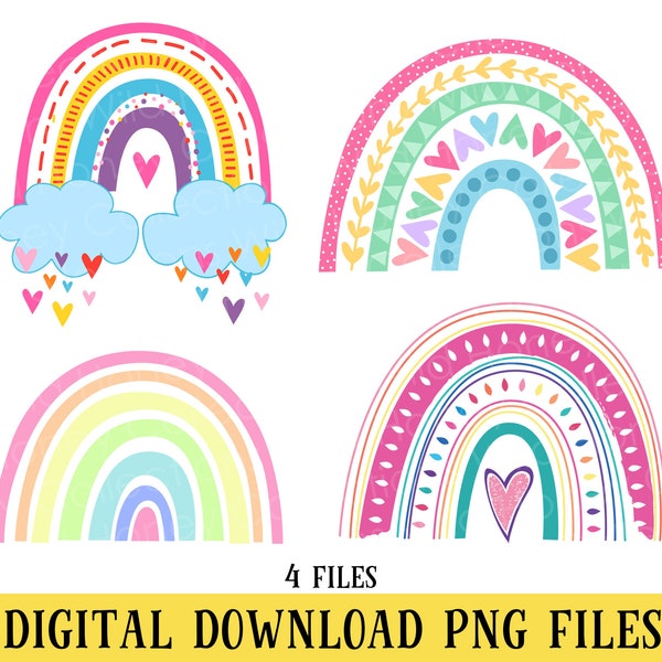 Colorful Boho Rainbows, 4 Separate High-Resolution Transparent Files, Pastel Rainbow, PNG Files, Instant DIGITAL DOWNLOAD