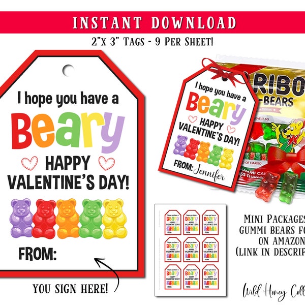 Printable Valentine Tags, Gummi Bears, Kids Valentine's Day Printable Tags, Non-Editable - You Sign! INSTANT DIGITAL DOWNLOAD
