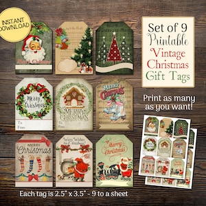 Vintage Christmas Gift Tags, Printable Tags, 2.5&quot; x 3.5&quot;, Set of 9 Per Sheet, Santa Tags, Merry Christmas, INSTANT DIGITAL DOWNLOAD