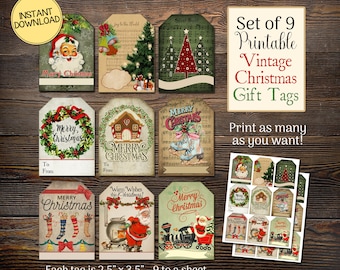 Vintage Christmas Gift Tags, Printable Tags, 2.5" x 3.5", Set of 9 Per Sheet, Santa Tags, Merry Christmas, INSTANT DIGITAL DOWNLOAD