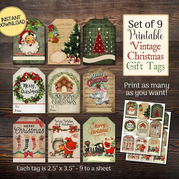 Vintage Christmas Gift Tags, Printable Tags, 2.5" x 3.5", Set of 9 Per Sheet, Santa Tags, Merry Christmas, INSTANT DIGITAL DOWNLOAD