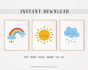 Rainbow Sun Cloud Wall Art | Nursery Decor | Set of 3 | DIGITAL DOWNLOAD