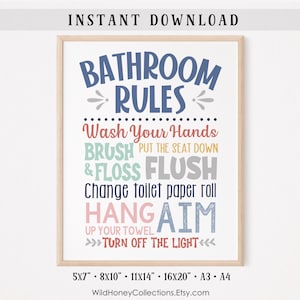 Puede incluir: Un cartel de reglas de baño imprimible con fondo azul claro y texto colorido. El texto dice "Reglas del baño" con flechas que apuntan hacia la izquierda y la derecha. Las reglas incluyen "Lávate las manos", "Cepilla y usa hilo dental", "Cambia el papel higiénico", "Cuelga la toalla", y "Apaga la luz".