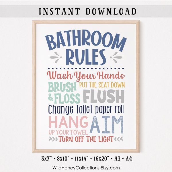 Bathroom Rules, Printable Kids Bathroom Decor, Bathroom Wall Art, INSTANT DIGITAL DOWNLOAD
