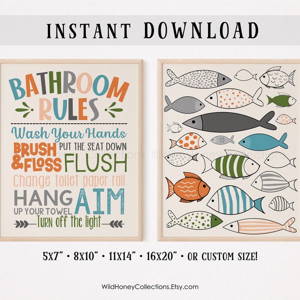 Bathroom Rules, Boys Fish Bathroom Wall Decor, Printable Wall Art, Colorful Fish, INSTANT DIGITAL DOWNLOAD