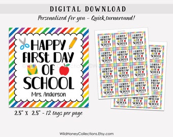 Happy First Day of School Tags, Welcome Back to School, Personalized Teacher Tags, Printable Favor Tags, INSTANT DIGITAL DOWNLOAD