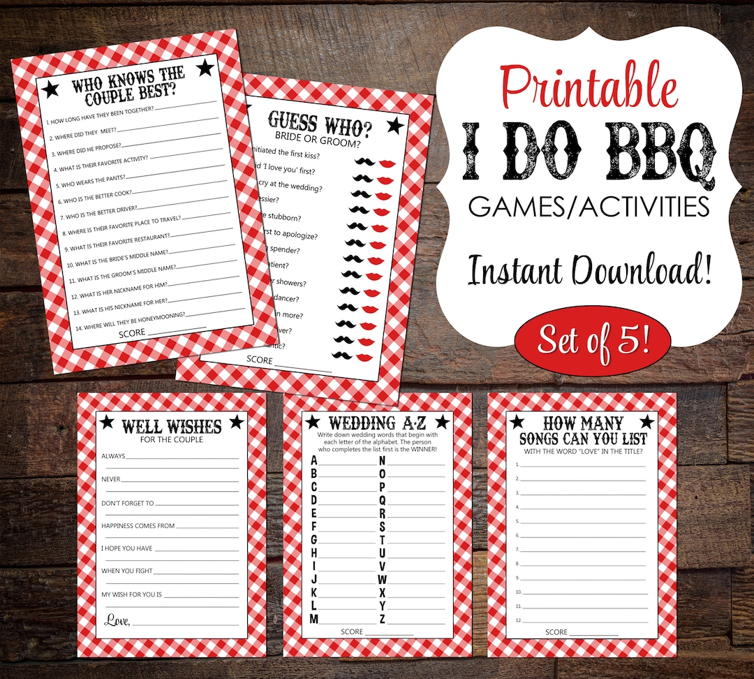 Printable I DO BBQ Games, Set of 5, Red White Gingham, Party Printables