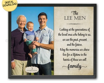 May include: A framed print featuring a family portrait of three generations. The left side displays a photograph of three men, while the right side has text that reads "The LEE MEN" and a poem about family. The print is a digital download.