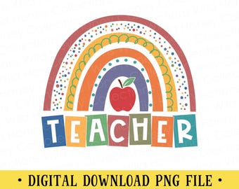 Retro Rainbow Teacher PNG | Teacher Shirt Design | Back to School Sublimation | DIGITAL DOWNLOAD