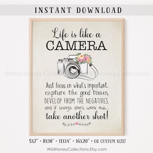May include: A printable quote about life being like a camera. The quote reads "Life is like a camera. Just focus on what's important, capture the good times, develop from the negatives, and if things don't work out... take another shot!" The quote is printed on a beige background with a black and white illustration of a camera with pink flowers. The quote is available in various sizes, including 5x7 inches, 8x10 inches, 11x14 inches, and 16x20 inches.