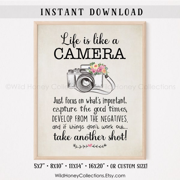 Life Is Like A Camera, Inspirational Printable Wall Art, Gift For Photographer, INSTANT DIGITAL DOWNLOAD