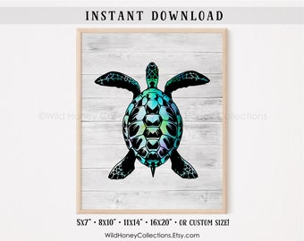 Sea Turtle Printable Wall Art, Coastal Decor, Watercolor Sea Turtle, Sea Life, Rustic Beach Wood, INSTANT DIGITAL DOWNLOAD