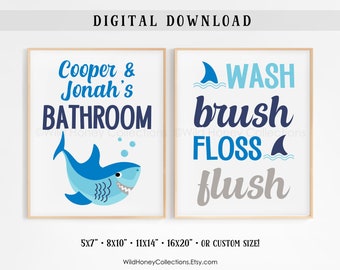 Personalized Shark Bathroom Art: Wash Brush Floss Flush (Digital Download)